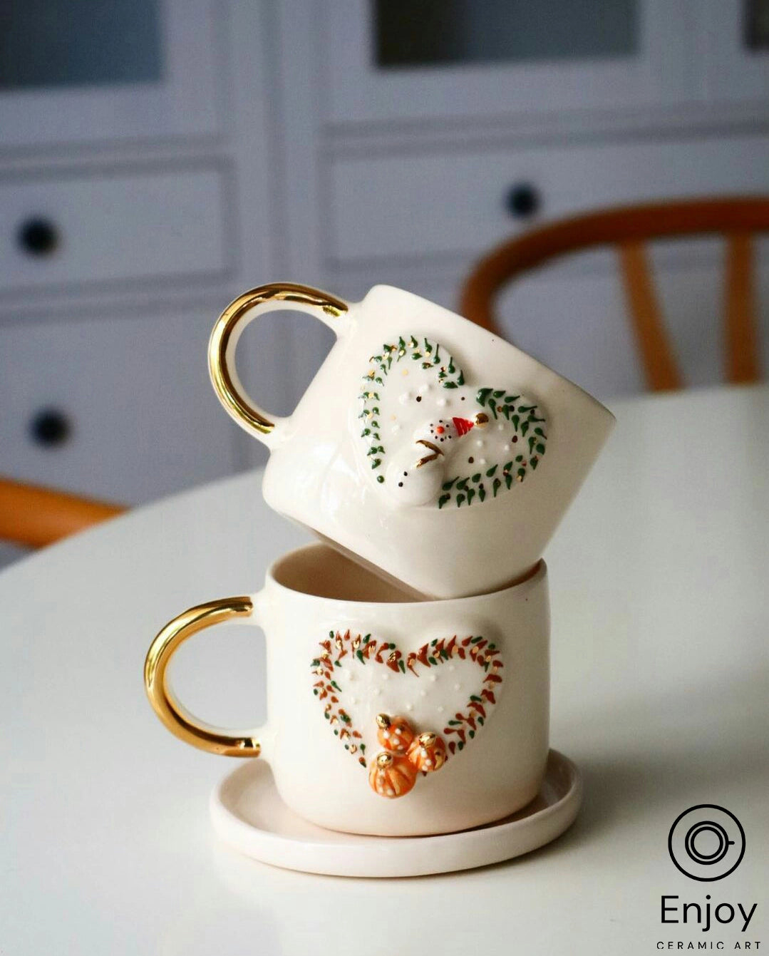 Handmade Heart Snowman Espresso Cup with Gold Handle & Saucer - 5.4 oz Christmas Espresso Cup