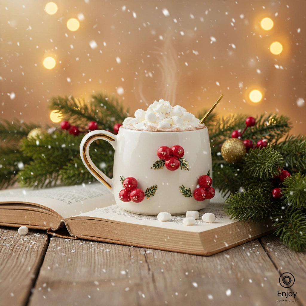 Winterberry Holly Christmas Mug - 10oz Handmade with Gold Handle