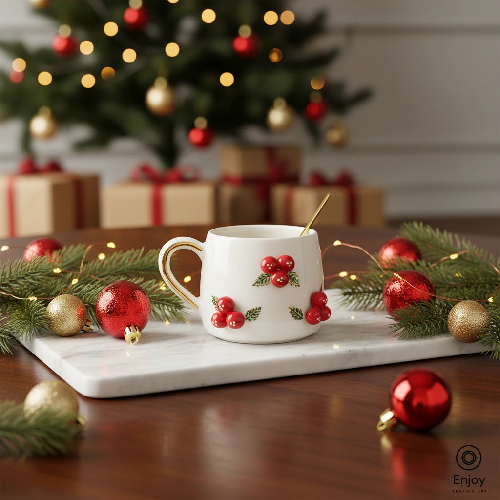 Winterberry Holly Christmas Mug - 10oz Handmade with Gold Handle