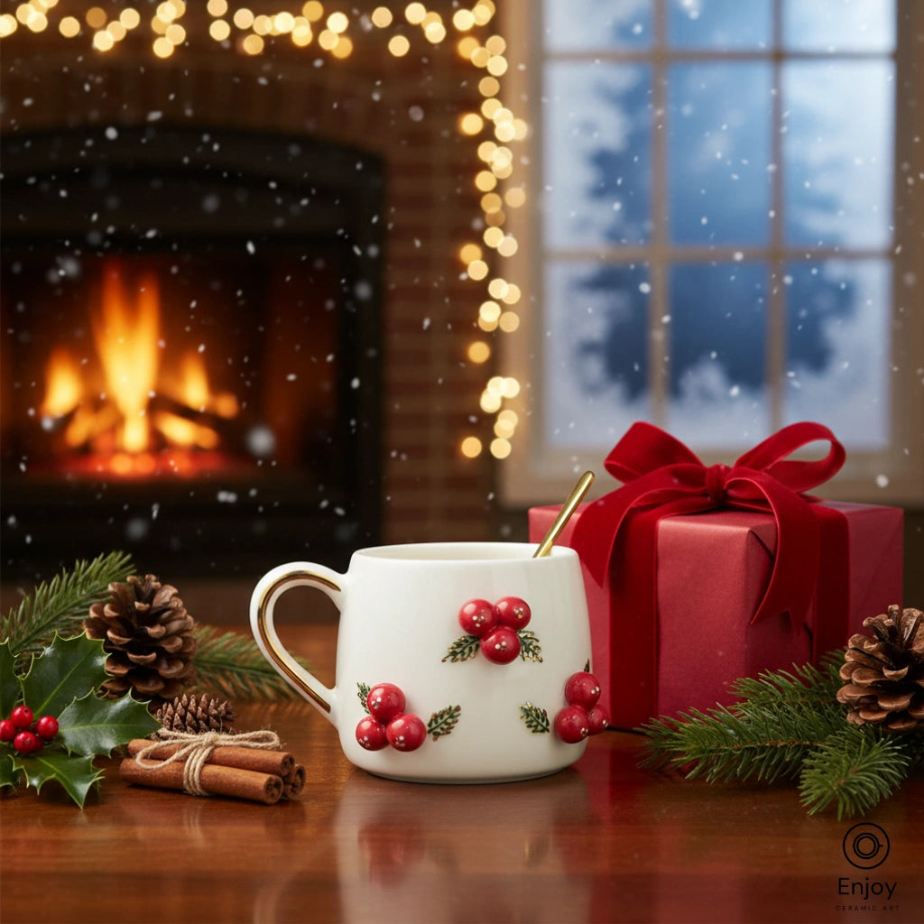 Winterberry Holly Christmas Mug - 10oz Handmade with Gold Handle
