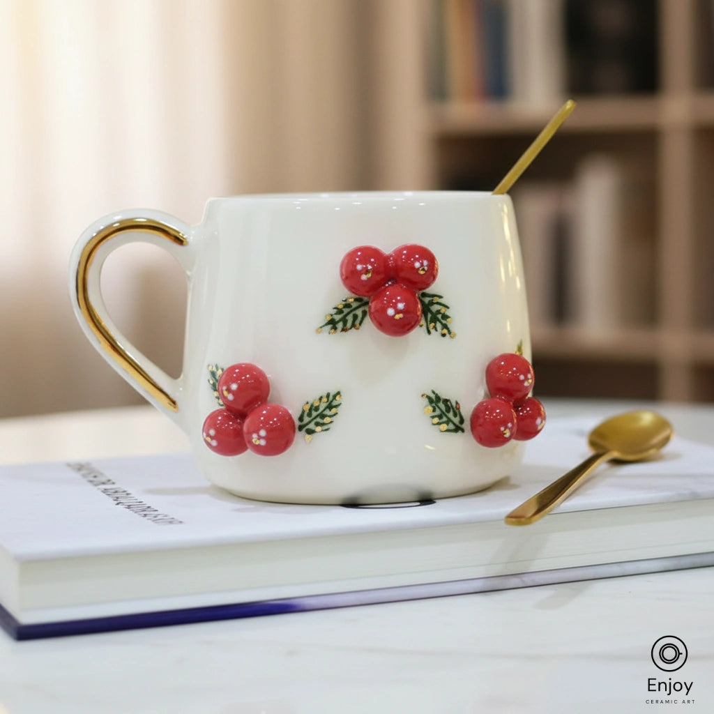Winterberry Holly Christmas Mug - 10oz Handmade with Gold Handle
