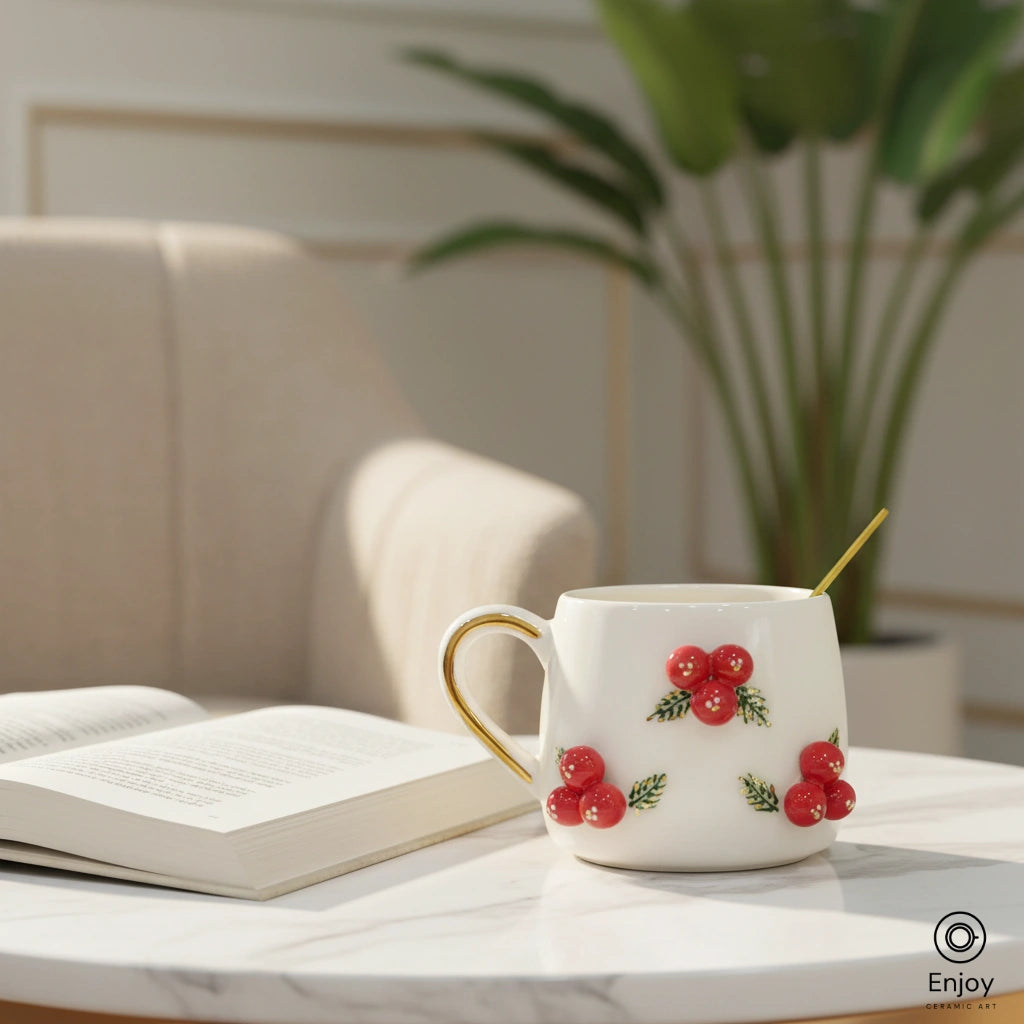 Winterberry Holly Christmas Mug - 10oz Handmade with Gold Handle