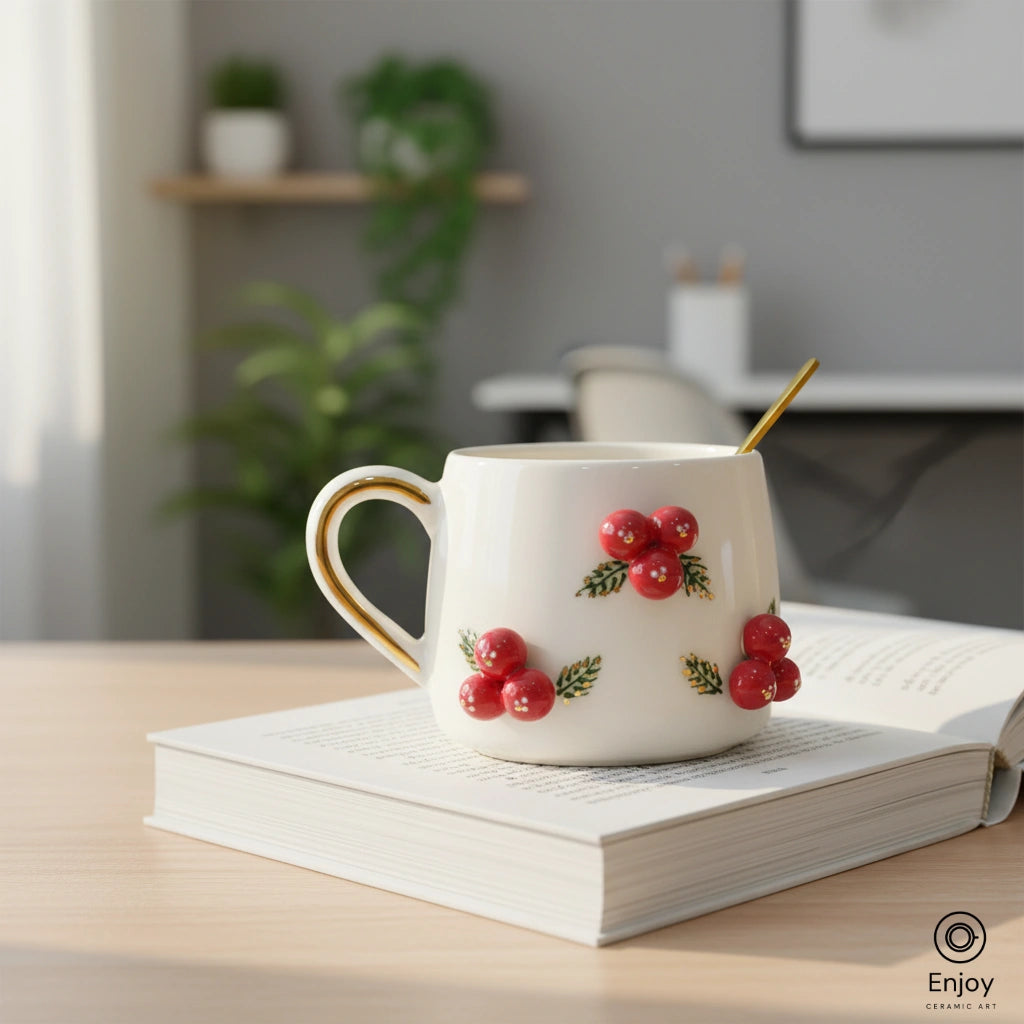 Winterberry Holly Christmas Mug - 10oz Handmade with Gold Handle