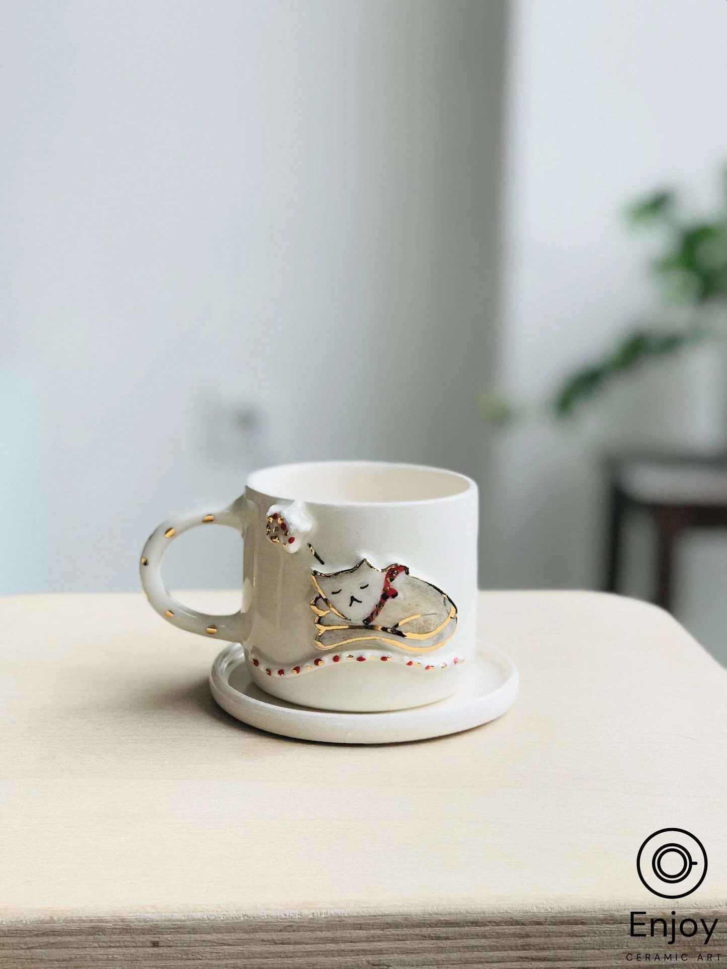 Adorable Handmade Ceramic Kitty Espresso Cup with Saucer Set - 5.4 oz Cat Coffee Cup, Perfect Gift for Cat Lovers, Cat Mom Mug