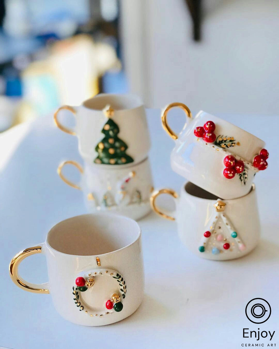 Handcrafted Christmas Wreath Espresso Cup & Saucer Set, 5.4 oz - Ceramic Santa Espresso Mugs, Holiday-Themed Espresso Coffee Cups