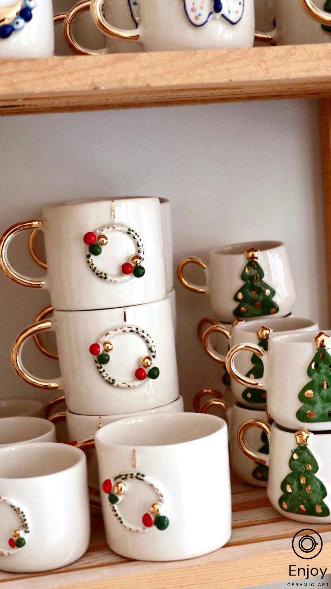 Handcrafted Christmas Wreath Espresso Cup & Saucer Set, 5.4 oz - Ceramic Santa Espresso Mugs, Holiday-Themed Espresso Coffee Cups