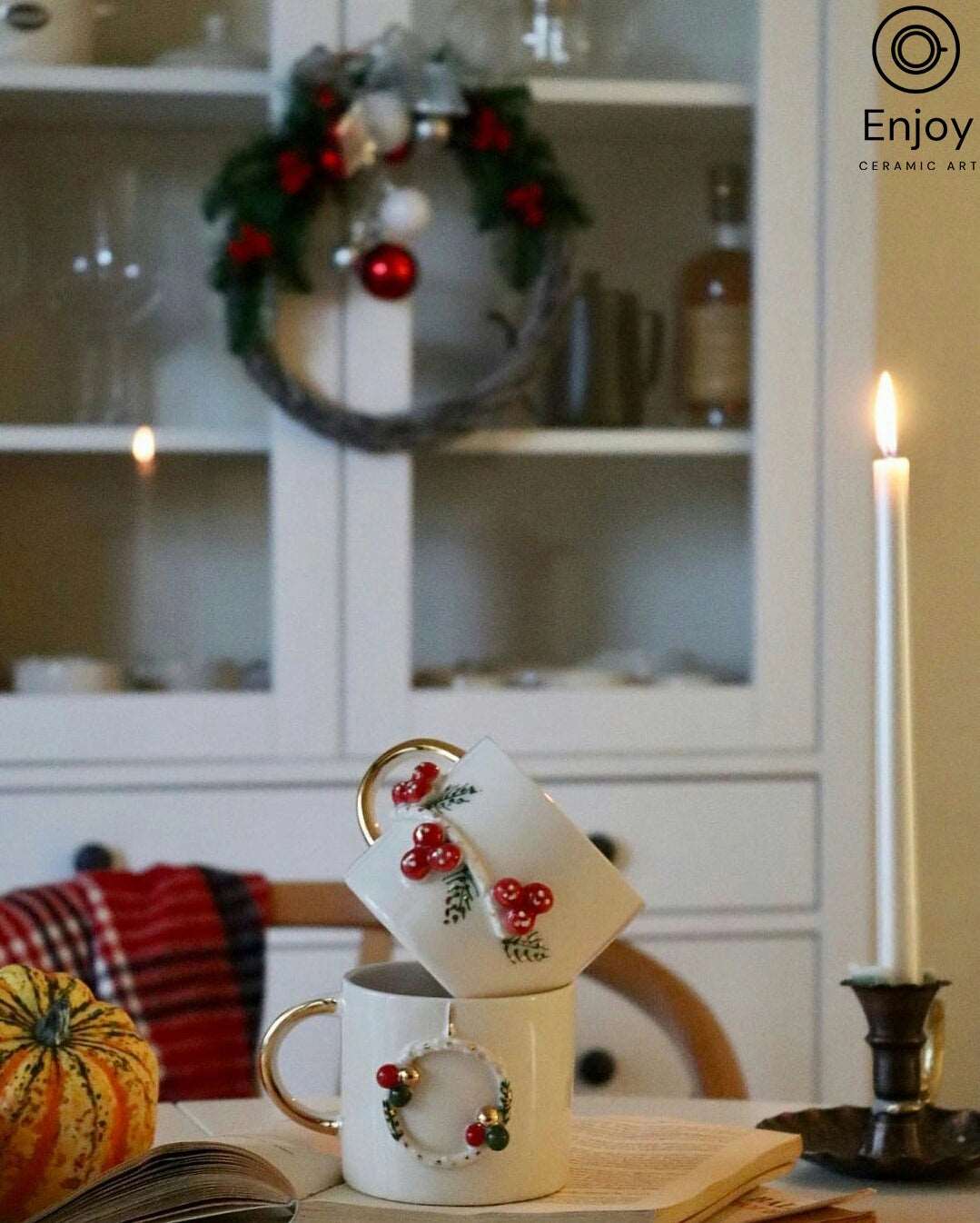 Handmade Christmas Wreath Coffee Mug With Gold Handle 10 oz, Wreath Design Coffee, Tea, Hot Cocoa Mug, Secret Santa Gift, Stocking Stuffer