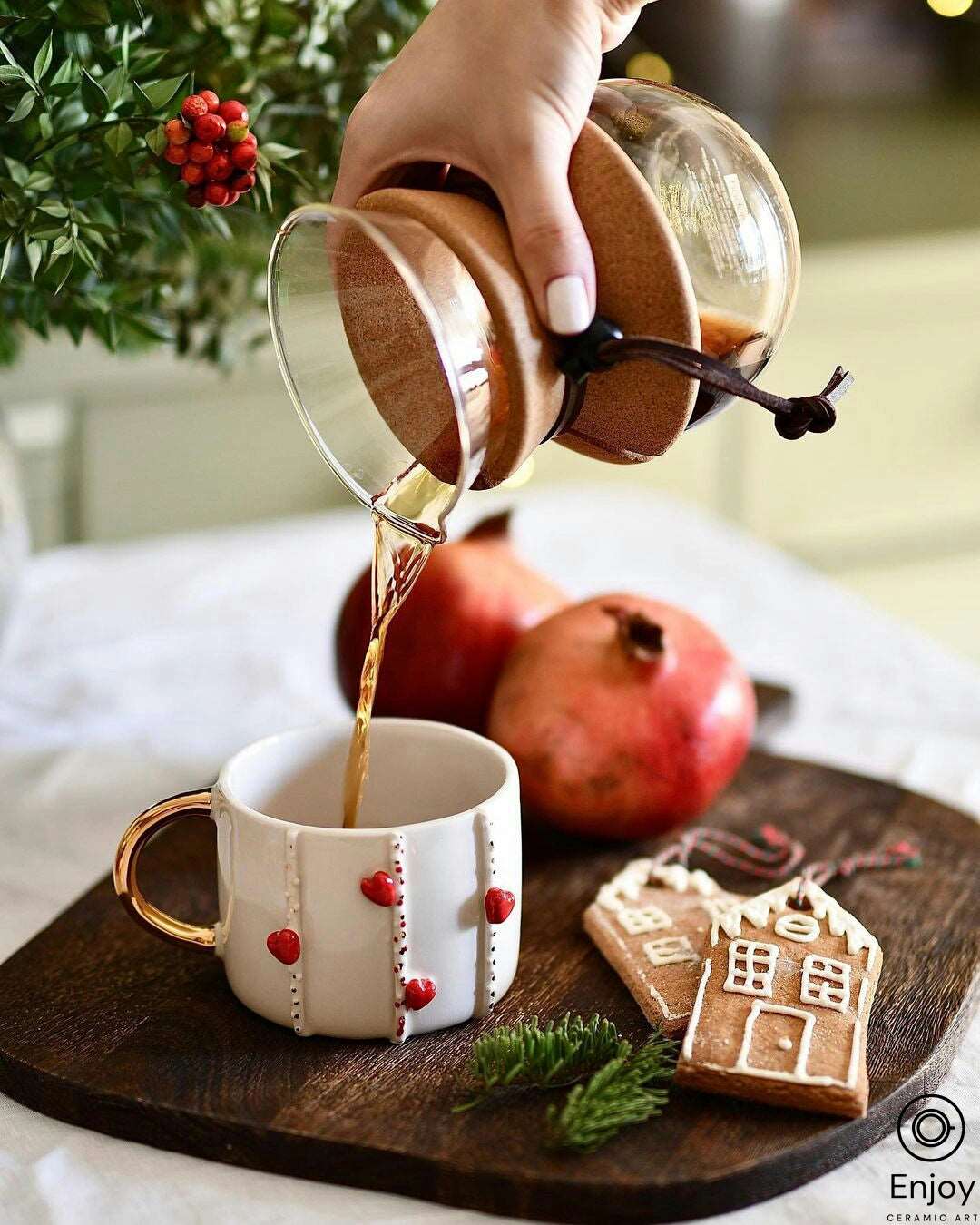 Handmade Red Little Hearts With Gold Handle Mug 10 oz- Handmade Loveway Coffee Mug, Valentine's Day Gift for her, Heart tea coffee cup, Girlfriend Gift