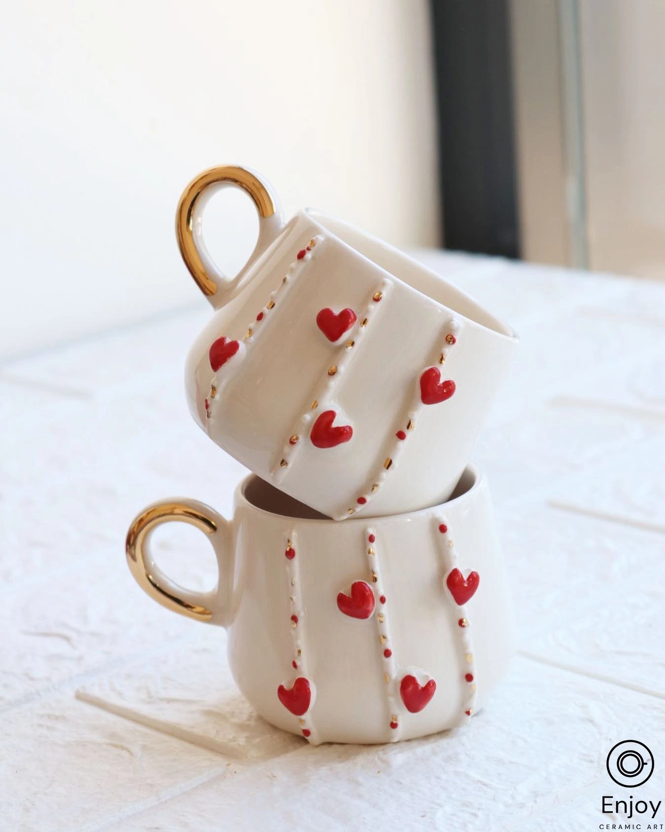 Handmade 'Love Way' Red Heart-Shaped Espresso Cup & Saucer Set