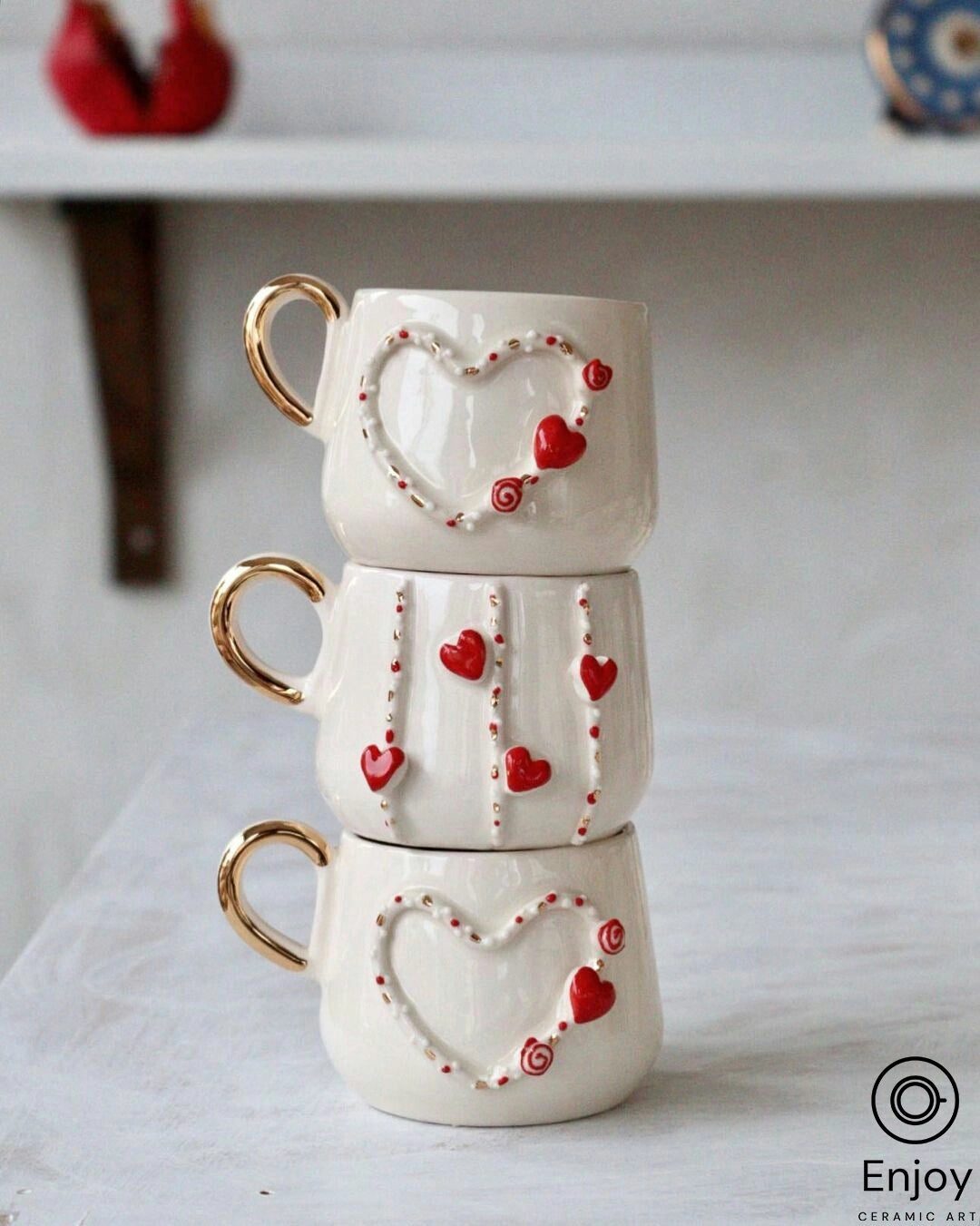 Handmade 'Love Way' Red Heart-Shaped Espresso Cup & Saucer Set