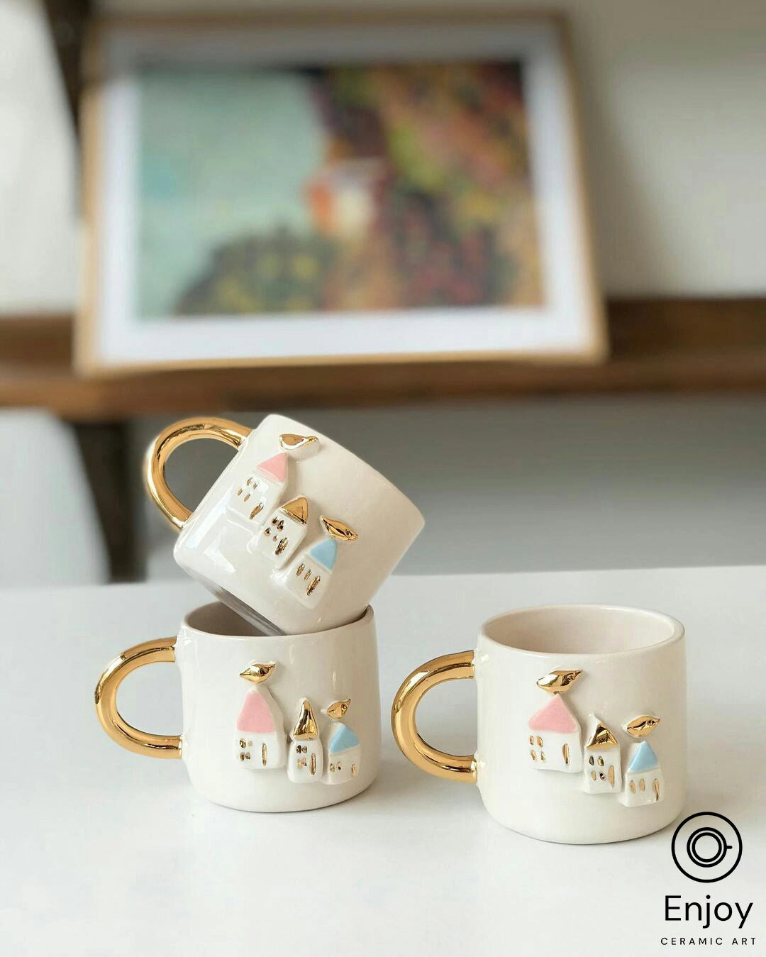 Handmade 'Masal' Little Houses Espresso Cup & Saucer Set - 5.4 oz Ceramic Espresso Mugs with Gold Handle, Perfect Realtor Gift or Housewarming Present