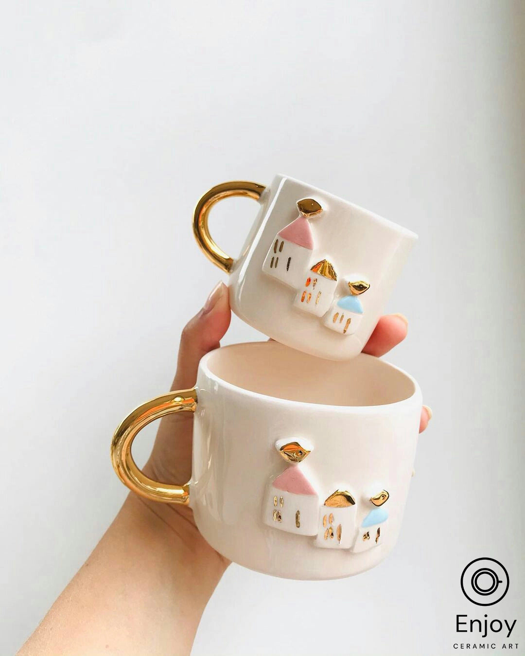 Handmade 'Masal' Little Houses Espresso Cup & Saucer Set - 5.4 oz Ceramic Espresso Mugs with Gold Handle, Perfect Realtor Gift or Housewarming Present