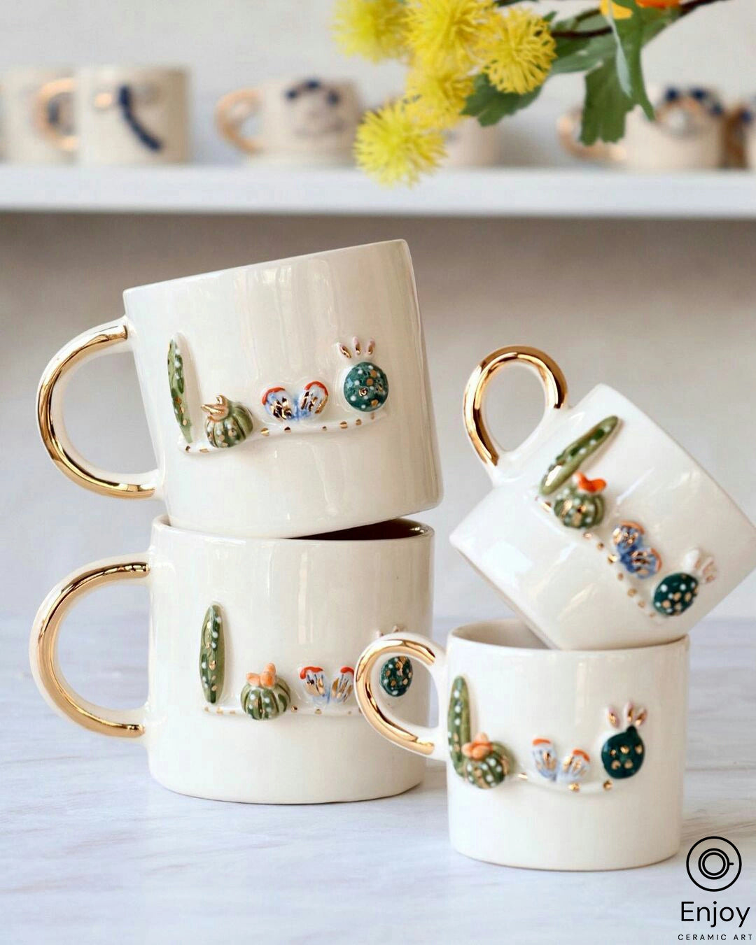 Handcrafted Cactus Ceramic Coffee Mug - Unique Hand Thrown Pottery Coffee  Cup with Gold Handle – Enjoy Ceramic Art