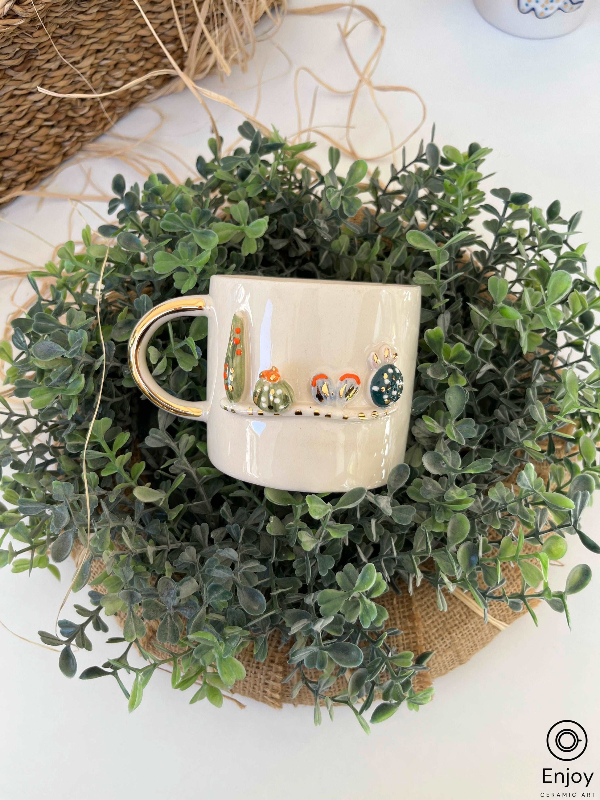 Handmade Cactus Mug With Gold Handle 10 oz, Succulent Lover Gift, Plant Mug, Plant Gift, Plant Lover, Plant Lover Gift, Plant Mom Gift 