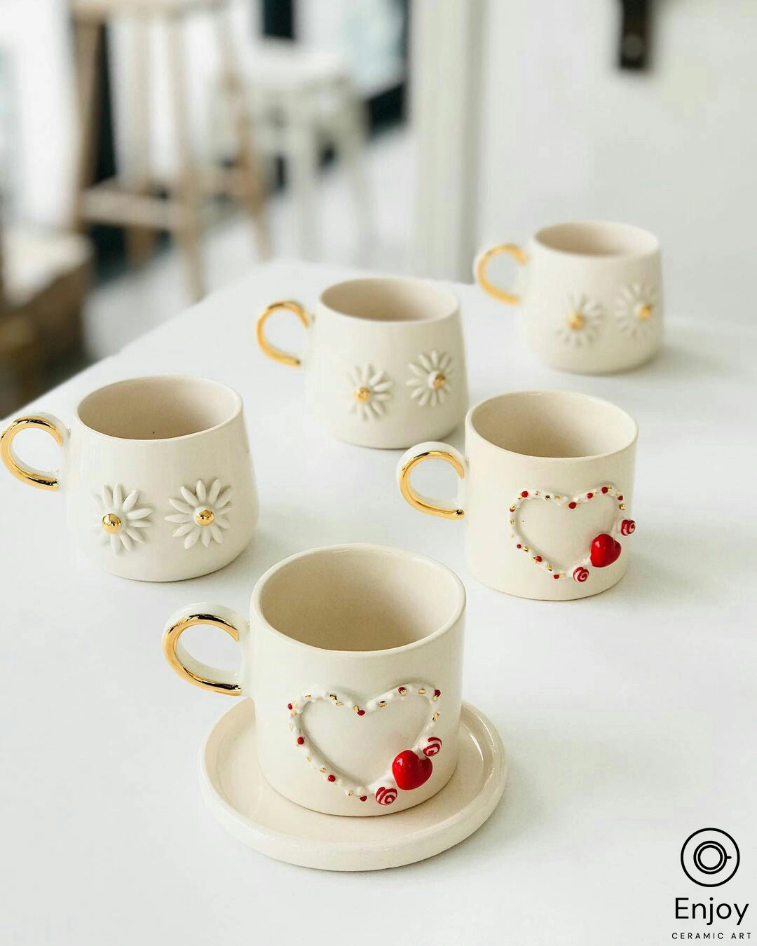Handcrafted 'Pandora' Heart-Shaped Ceramic Espresso Cup & Saucer Set - 5.4oz Espresso Mugs with Gold Handle, Perfect Valentine's Day Gift