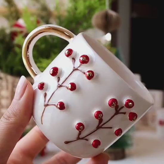 Handmade Christmas Holly Espresso Cup with Saucer - Winterberry Design and Gold Handle, 5.4 oz