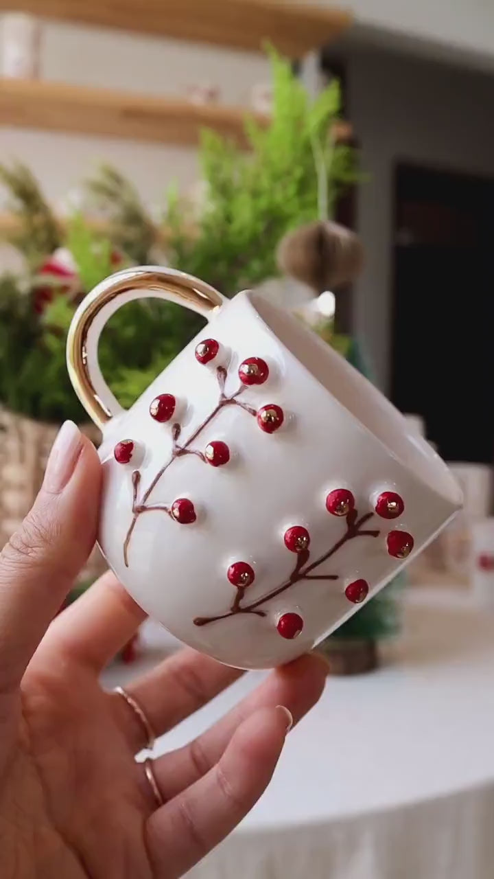 Handmade Christmas Holly Espresso Cup with Saucer - Winterberry Design and Gold Handle, 5.4 oz