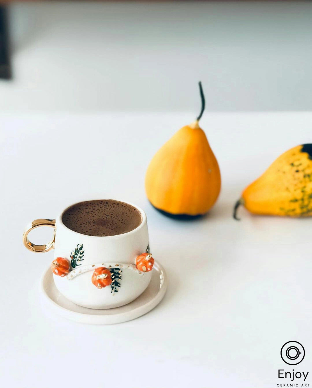 Handcrafted 'Pumpkin' Ceramic Espresso Cup & Saucer Set - 5.4oz Pumpkin Shaped Mug for Fall & Halloween Celebrations