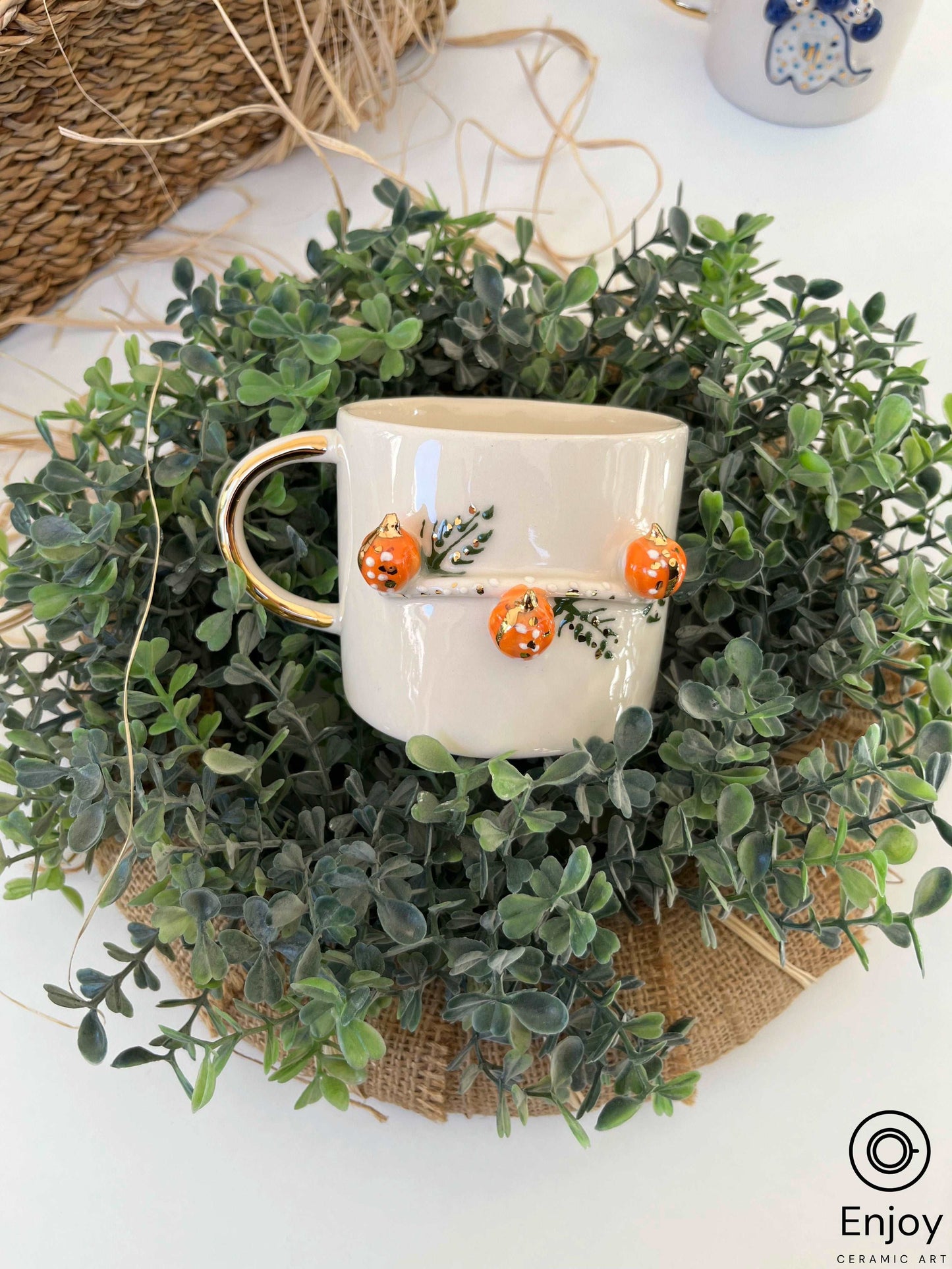 Handmade Pumpkin Mug with Gold Handle 10 oz, Pumpkin Spice Mug, Halloween Ceramic Mug, Thanksgiving Gifts Ideas, Pumpkin spice latte, Fall vibes