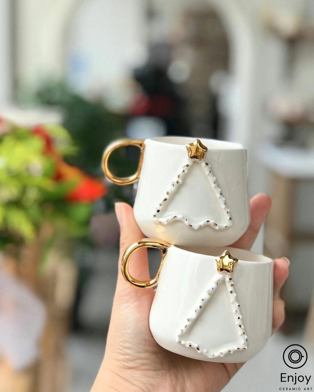 Elegant Handmade Pure Espresso Cup Set with Gold Christmas Tree Design