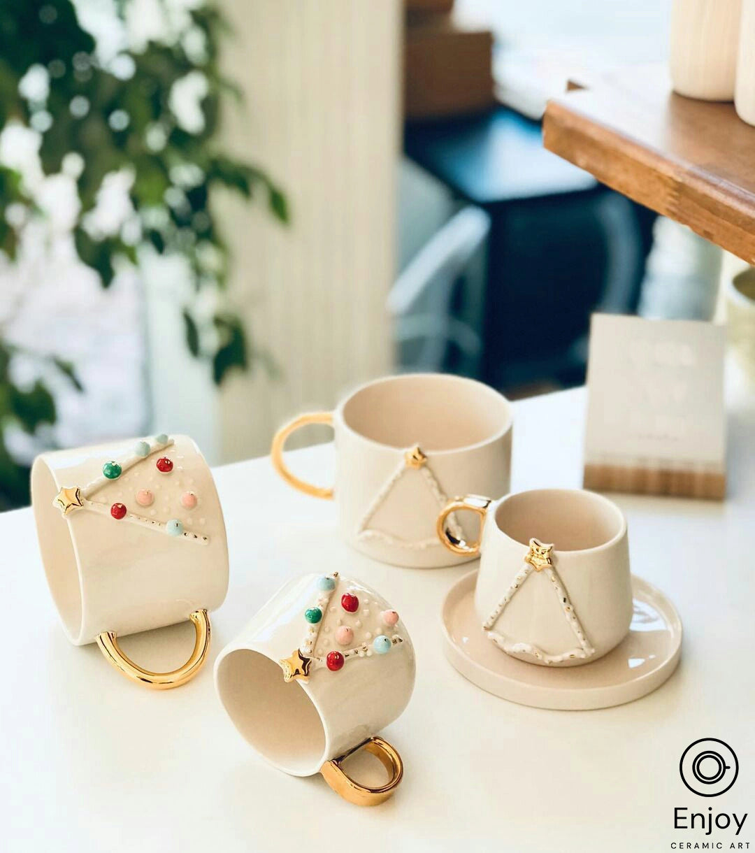 Artisan Christmas Tree Coffee Mug - Handmade Ceramic Mug with Gold Handle –  Enjoy Ceramic Art