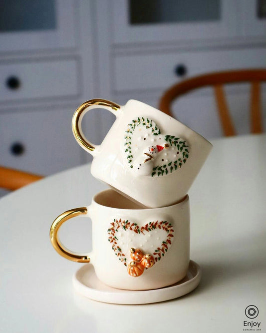 Festive Espresso Cup Set: Heart Snowman & Pumpkin Designs