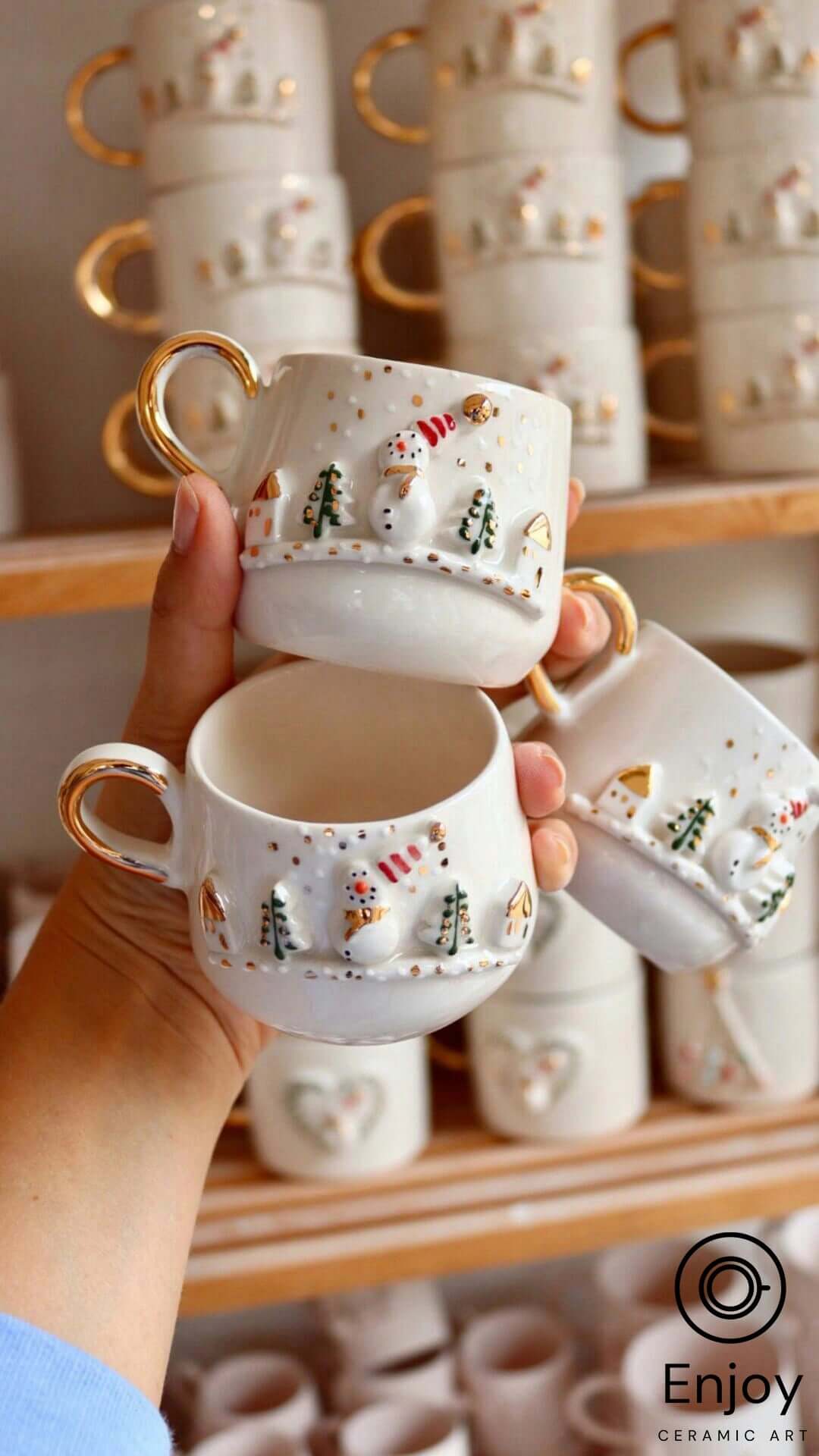 Handcrafted 'Frosty Charm' Snowman Ceramic Espresso Cup & Saucer