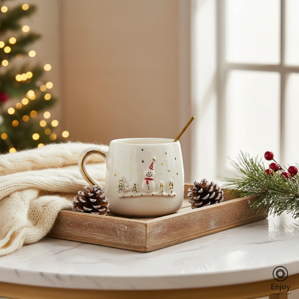 Snowman Mug - Handmade Ceramic Christmas Coffee Mug with Gold Handle