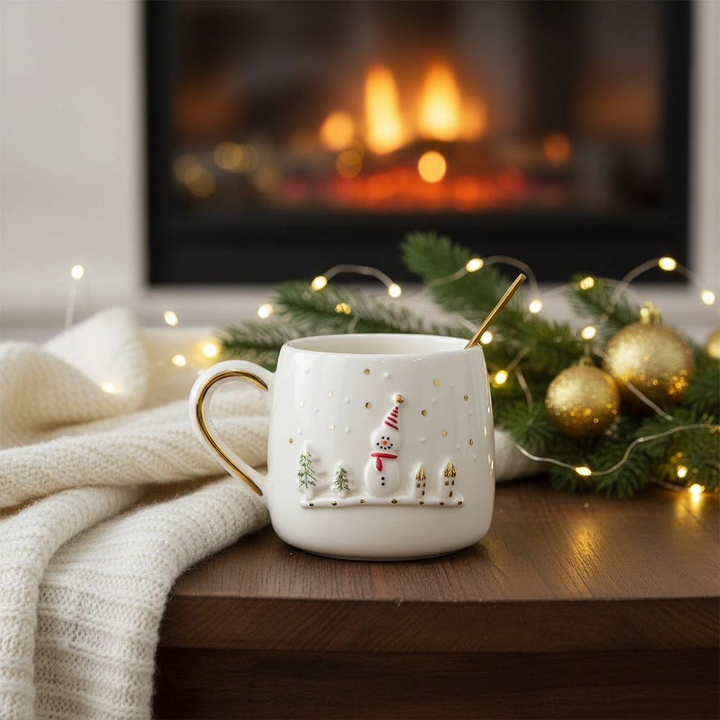 Snowman Mug - Handmade Ceramic Christmas Coffee Mug with Gold Handle