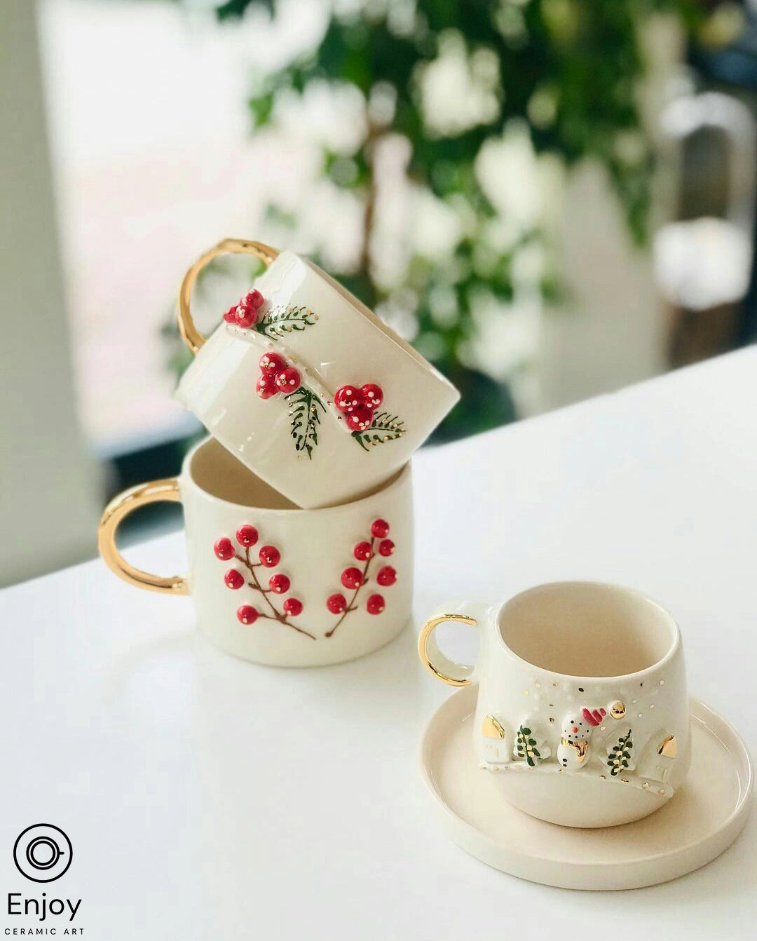 Handcrafted 'Frosty Charm' Snowman Ceramic Espresso Cup & Saucer Set - 5.4 oz - Perfect for Festive Coffee Lovers