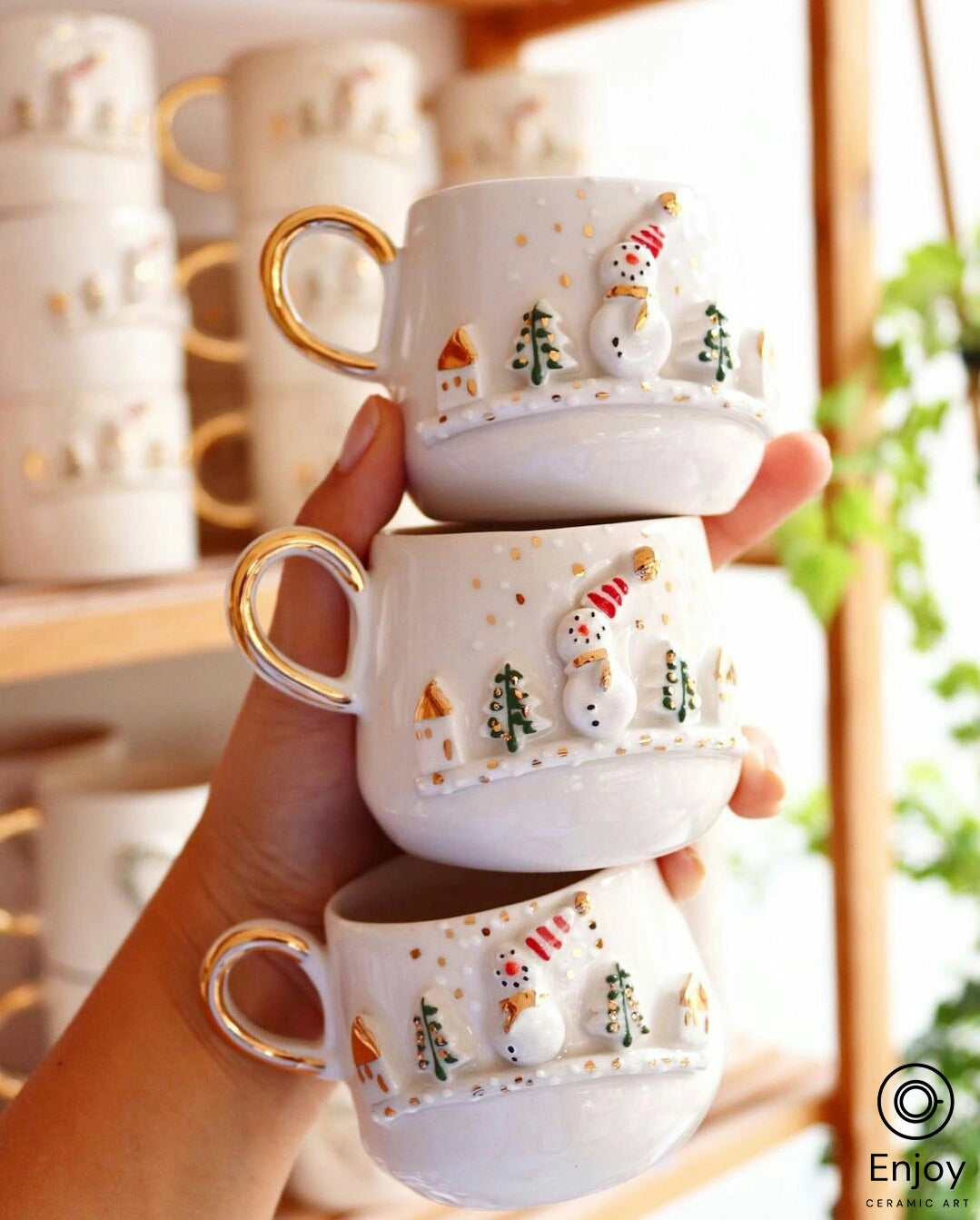 Handcrafted Snowman Espresso Cup Trio with Gold Accents for Christmas