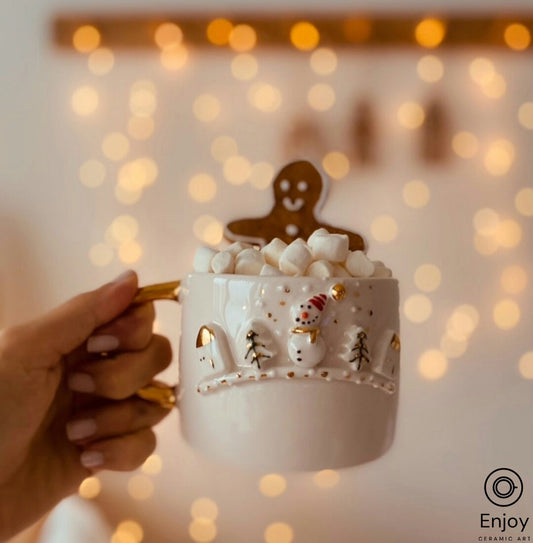 Handmade Snowman Mug With Gold Handle 10 oz, Snowman Coffee Mug, Snowman Cup, Christmas Gift Ideas, Secret Santa Gift