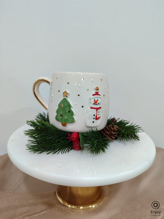 Handmade snowman christmas tree mug with gold handle