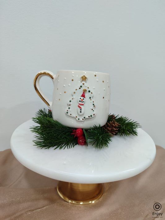 Festive Snowman in Christmas Tree Frame Ceramic Mug with Gold Handle