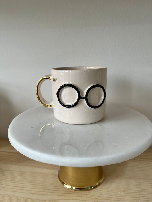 Wizardry Round Glasses 10oz Ceramic Mug - Golden Handle Enchantment