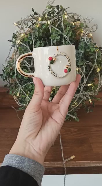 Handmade Christmas Wreath Espresso Cup With Gold Handle & Saucer 5.4 oz, Wreath Design Coffee Cup, Espresso, Tea Cup, Christmas Gift Ideas